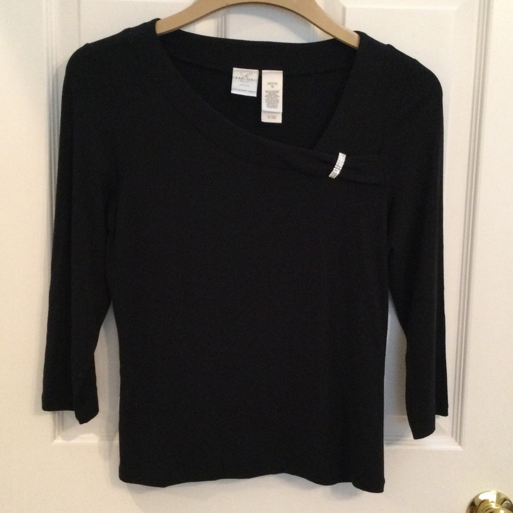 Emma James Black top with Rhinestone accent side swoop neck- see Detail